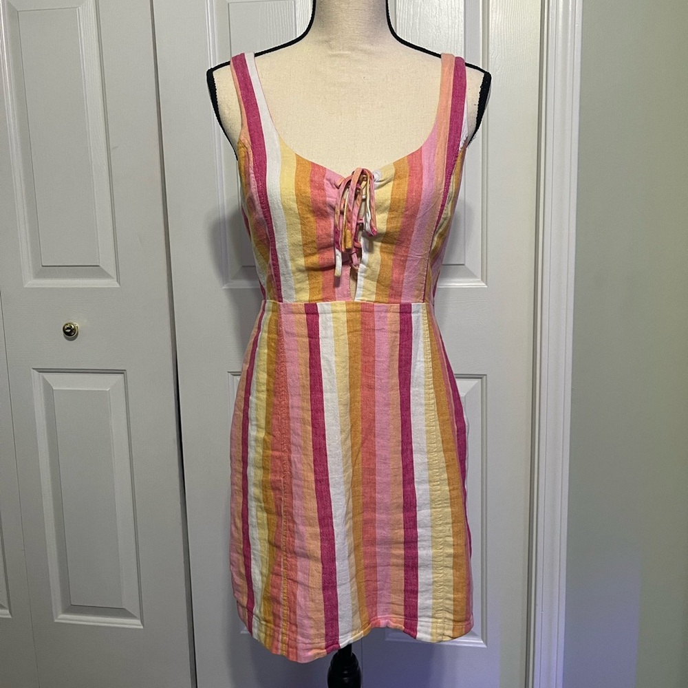 Forever 21 Sixties Style Tank Linen Mini Dress Pink Orange Stripe Lace Up Bodice